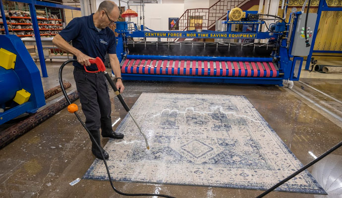 Professional rug cleaning using pressure-wash.