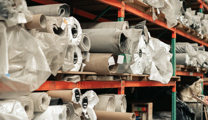 storage area where rugs are wrapped in paper to protect those from dust