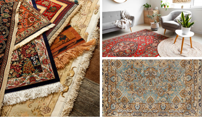 Collage of silk, persian, antique rug