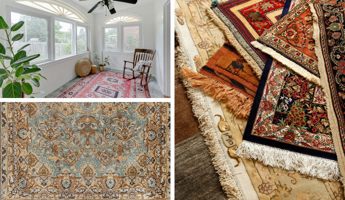 Collage of oriental, silk and antique rug