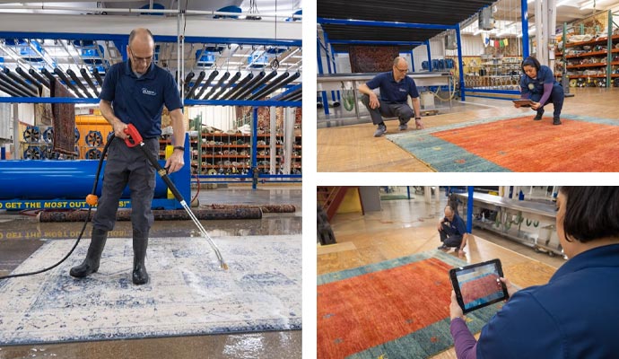 collage of rug cleaning and inspection