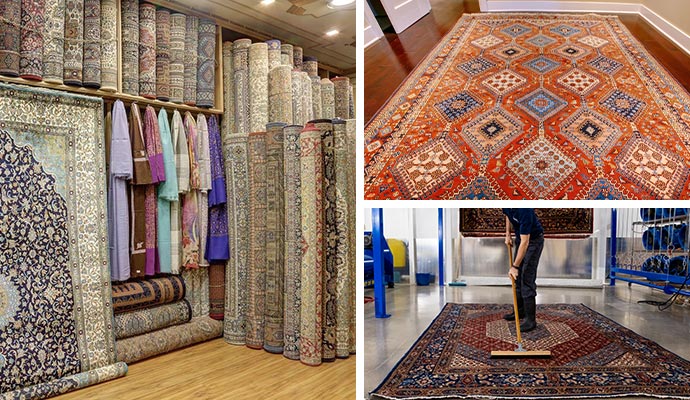 Collage of rug storage, clean rug and person cleaning rug