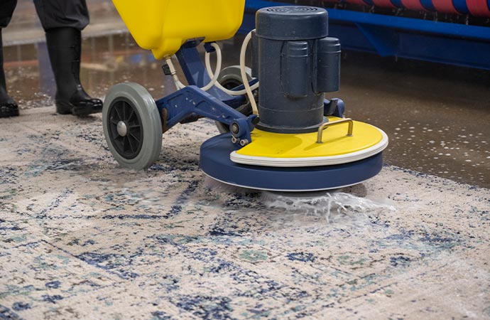 Professional cleaner using equipment to clean rugs effectively.