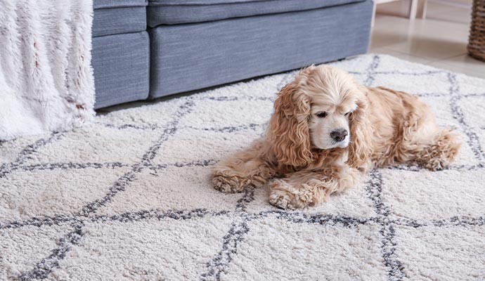 A puppy sitting on a rug