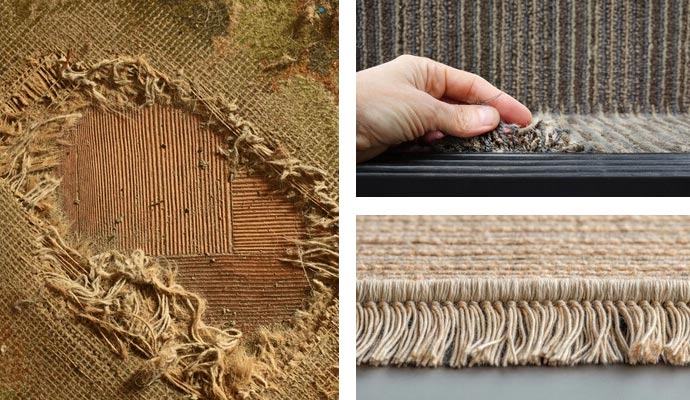 Collage of hole and loose fibers in rug