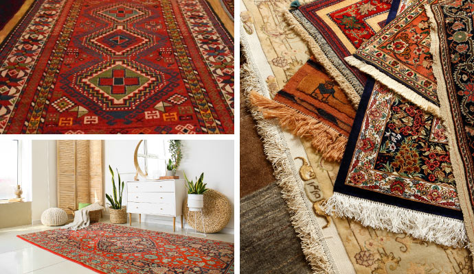 Collage of Persian, Turkish, Silk rug.